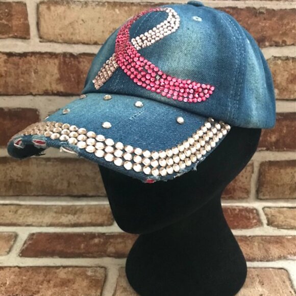WOMEN'S BREAST CANCER AWARENESS PINK RIBBON BLING DISTRESSED DENIM BASEBALL CAP - Picture 4 of 8